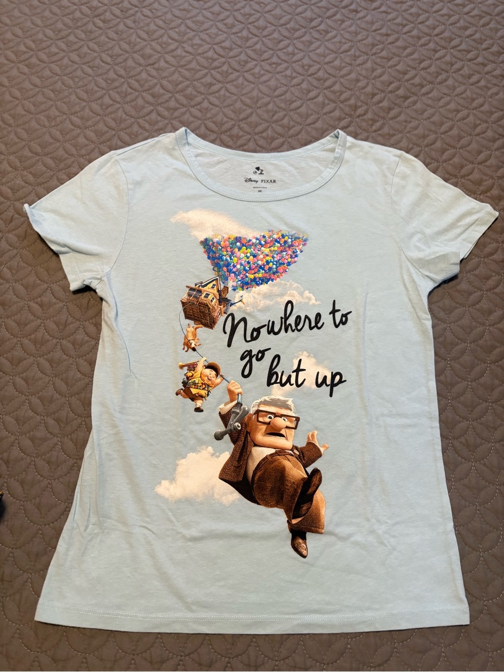 Disney Pixar Women's Light Blue 'Nowhere to Go But Up' Graphic Tee